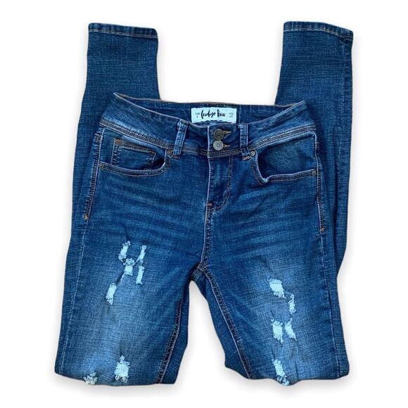 Indigo Rein Jeans Medium Wash Distressed Skinny Midrise Double Button - Picture 9 of 9